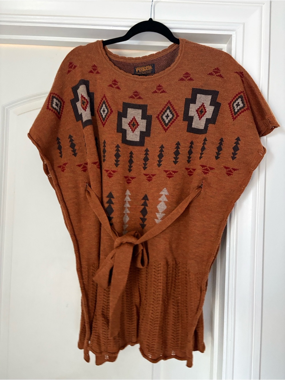 Pendleton Rust Orange Southwestern Knit Poncho with Geometric Pattern